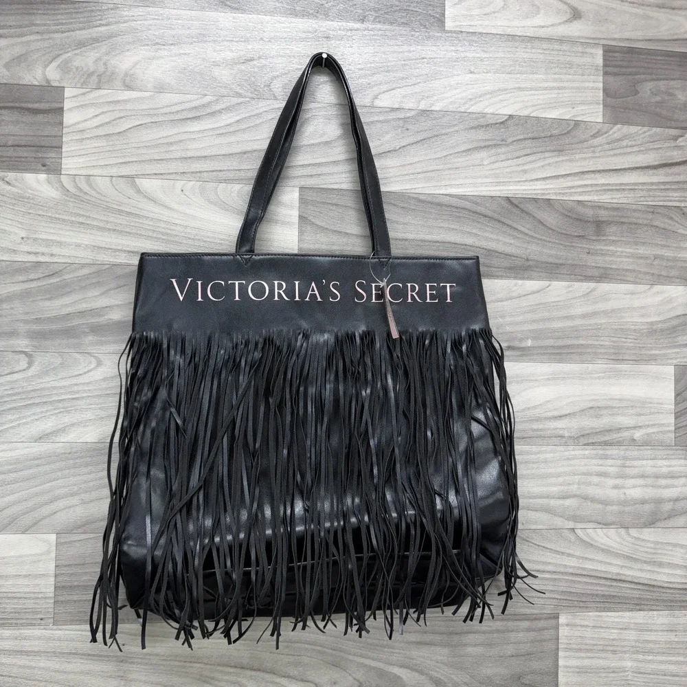 Victoria's Secret Tote Bag Women's Black One Size Flirty Fringe Faux‎ Leather